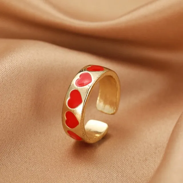 Chunky Colorful Love Heart Yin Yang Rings for Women Girl Gold Silver Color Drip Metal Finger Matching Ring Trendy Party Jewelry