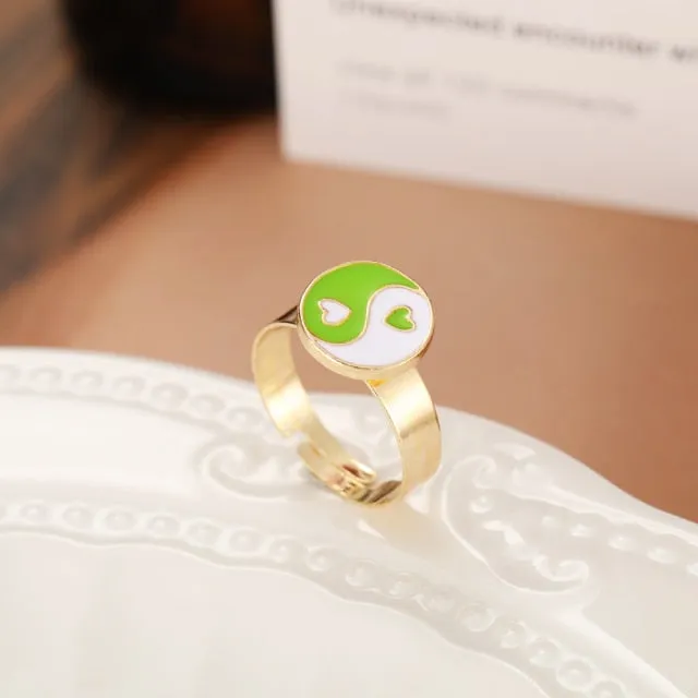 Chunky Colorful Love Heart Yin Yang Rings for Women Girl Gold Silver Color Drip Metal Finger Matching Ring Trendy Party Jewelry
