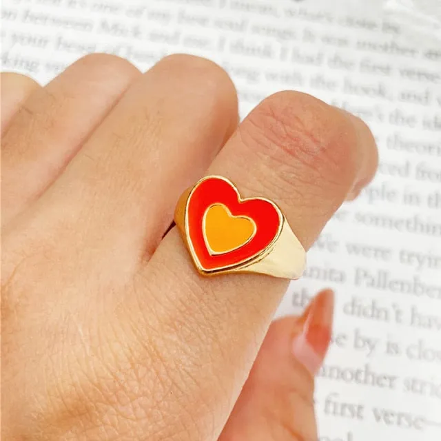 Chunky Colorful Love Heart Yin Yang Rings for Women Girl Gold Silver Color Drip Metal Finger Matching Ring Trendy Party Jewelry