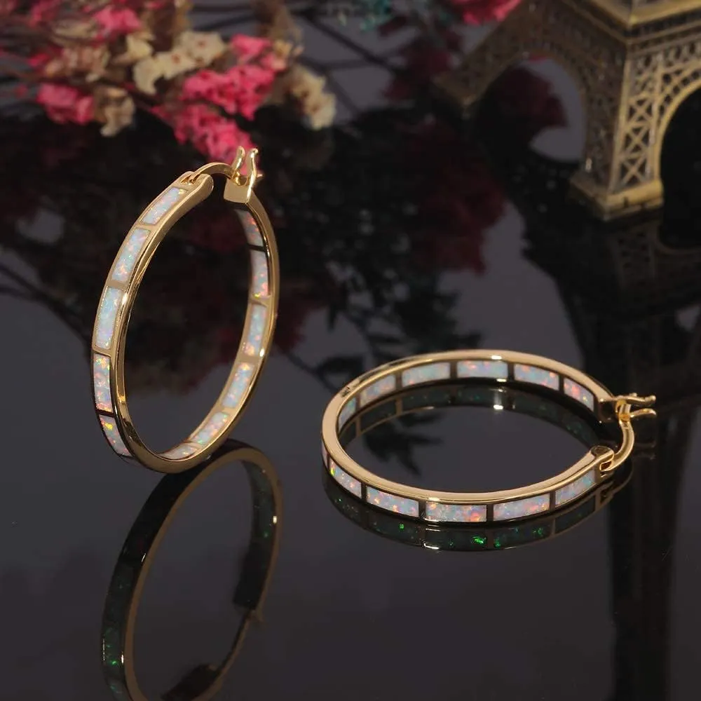CiNily Opal Hoop Earrings,Women Jewelry Rhodium Plated/Rose Gold or Yellow Gold Plated Gemstone Big Hoop Earrings 32mm