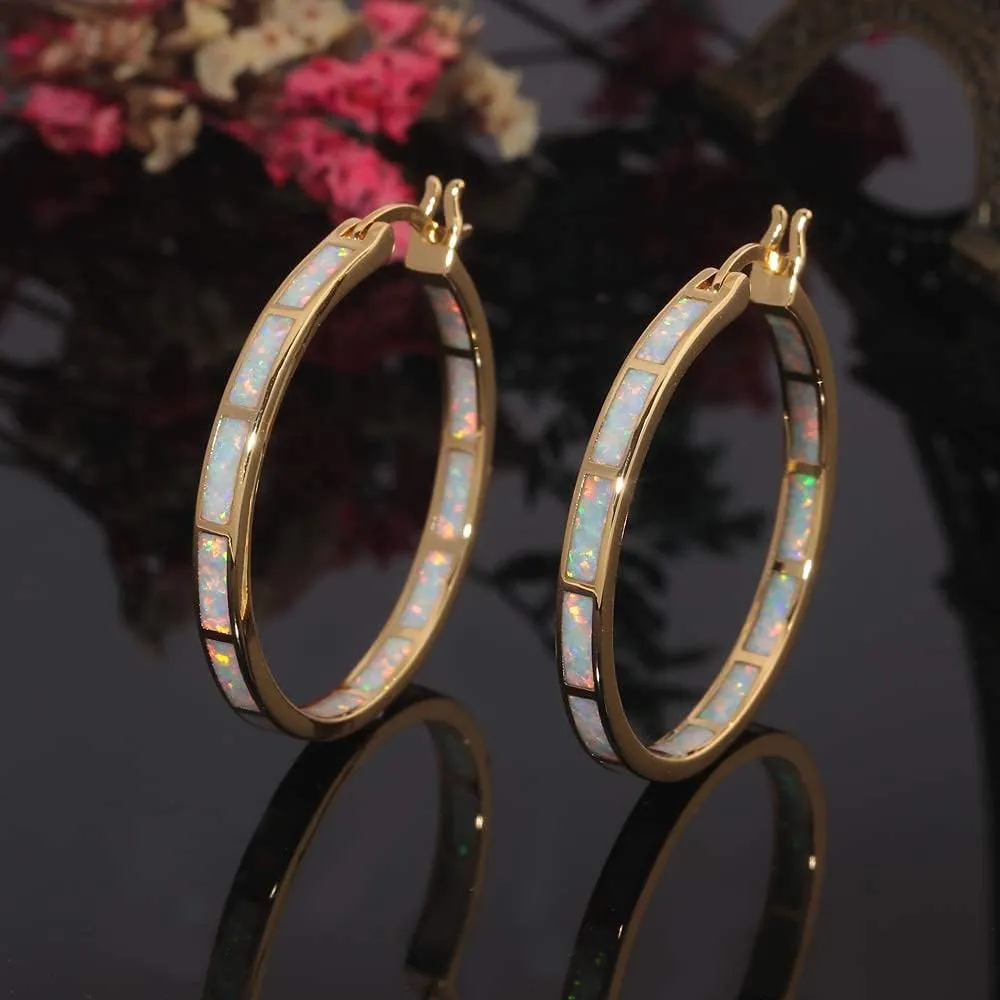 CiNily Opal Hoop Earrings,Women Jewelry Rhodium Plated/Rose Gold or Yellow Gold Plated Gemstone Big Hoop Earrings 32mm