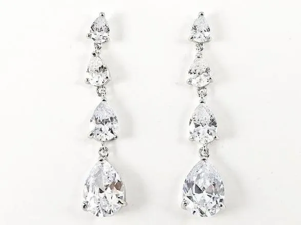 Classic Elegant Long 4 Pear Shape CZ Dangle Brass Earrings