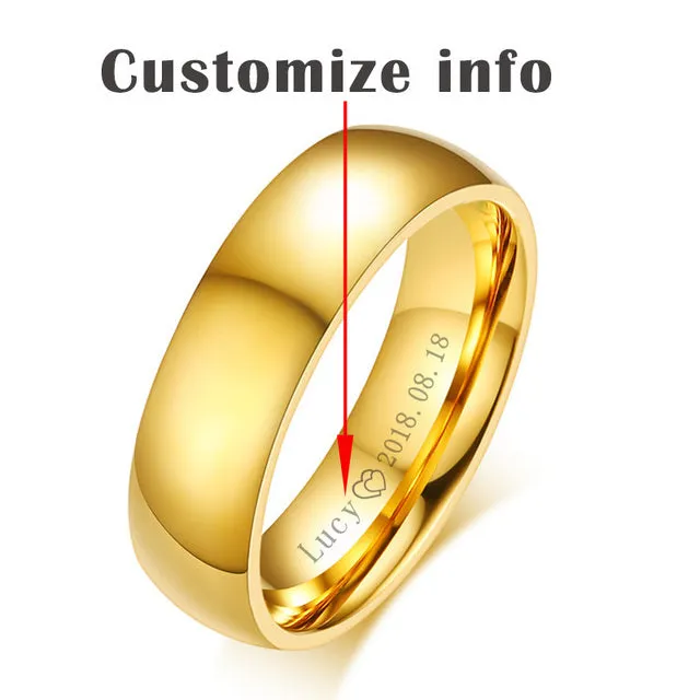 Classic Wedding Rings for Women Men Gold Color Stainless Steel Couple Band Anniversary Personalized Name Lovers Gift