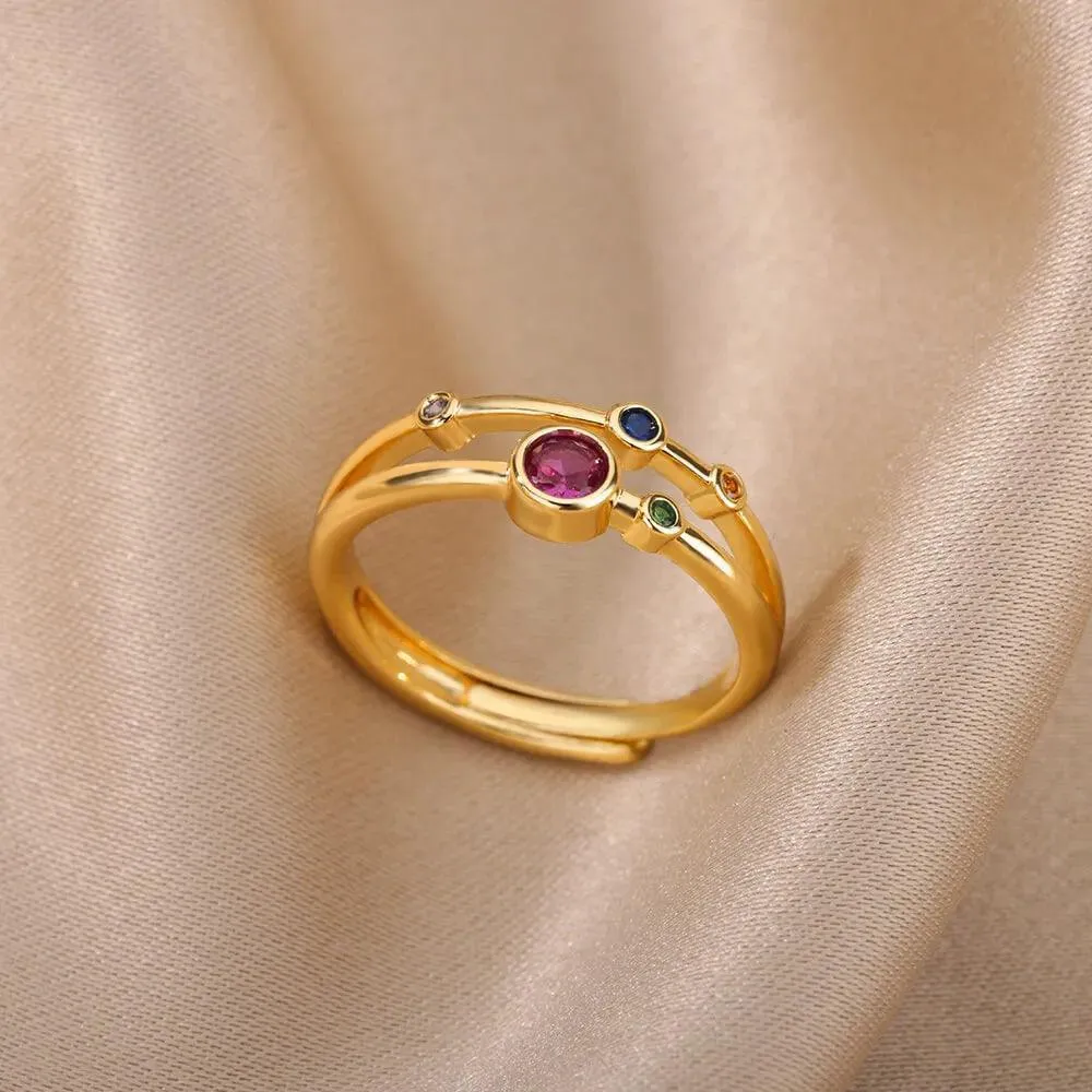 Colorful Cubic Zirconia Crystal Gold Colour Stainless Steel Fashion Trendy Aesthetic Rings For Women and Girls