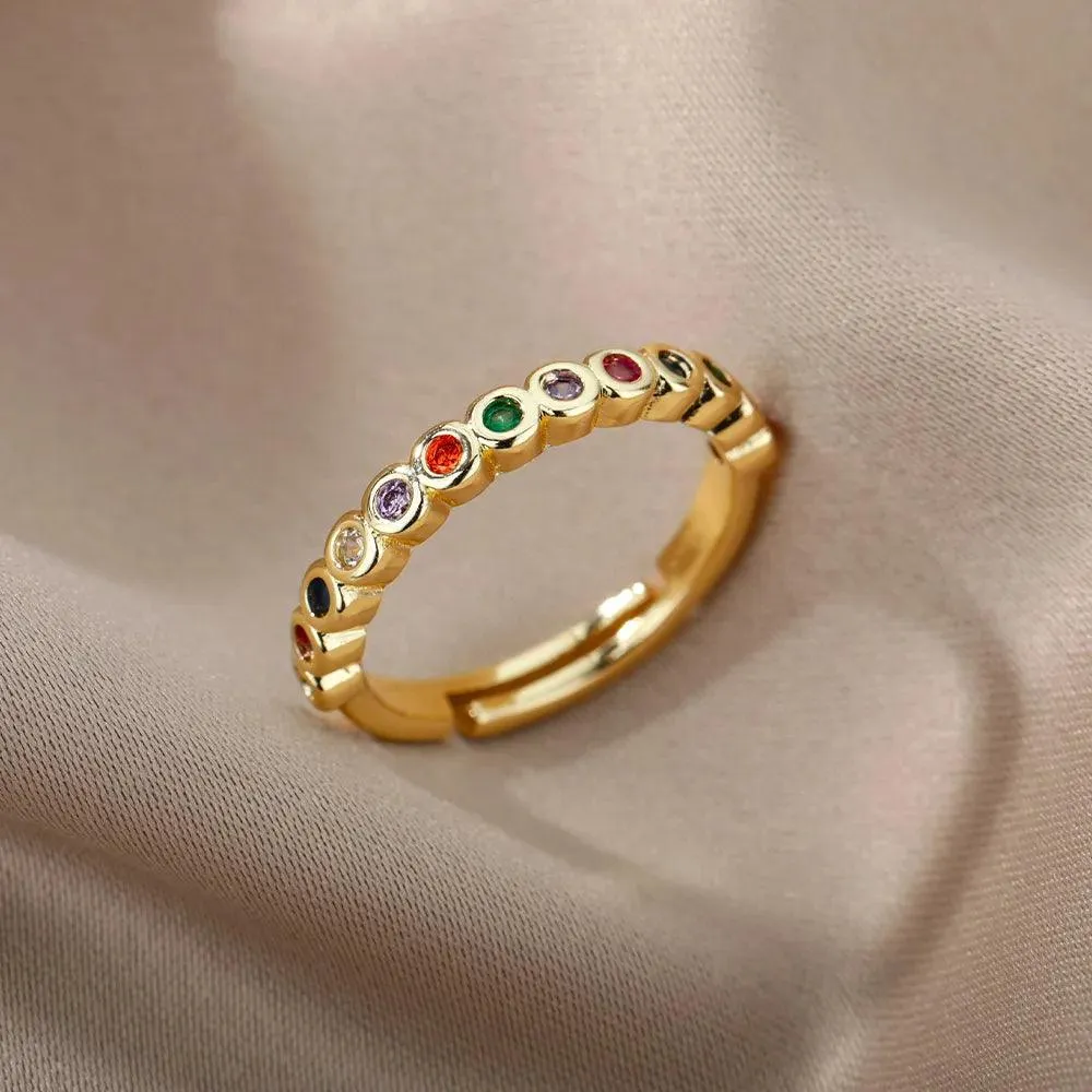 Colorful Cubic Zirconia Crystal Gold Colour Stainless Steel Fashion Trendy Aesthetic Rings For Women and Girls