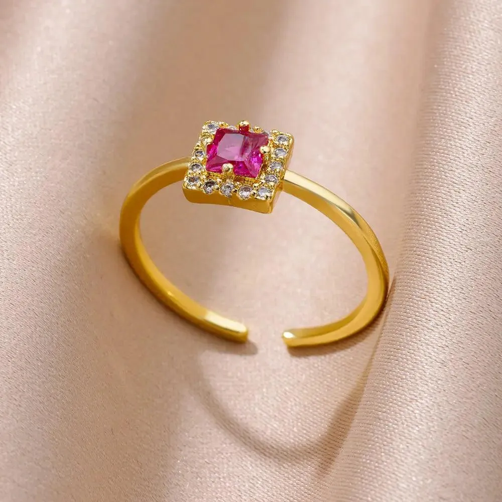 Colorful Cubic Zirconia Crystal Gold Colour Stainless Steel Fashion Trendy Aesthetic Rings For Women and Girls