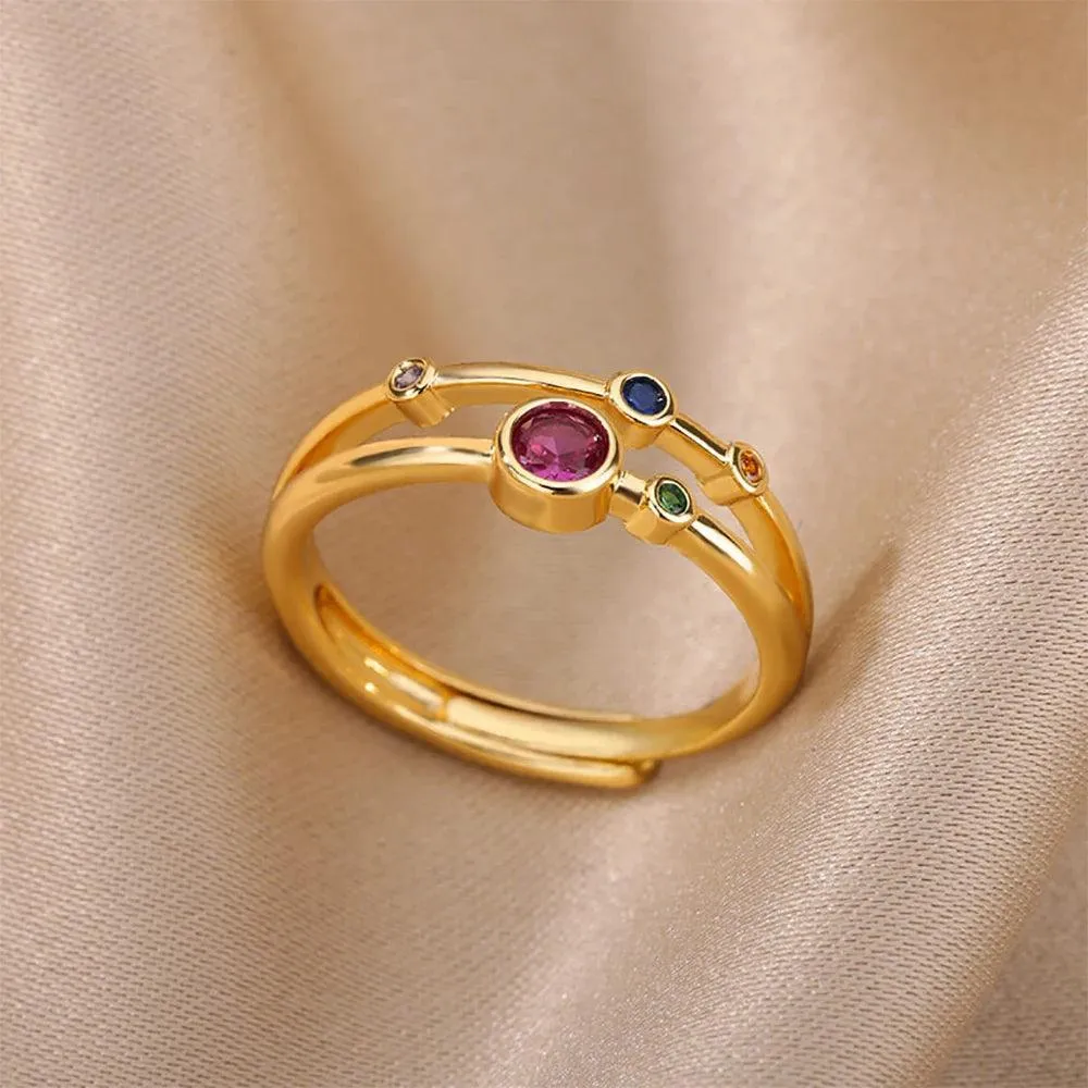 Colorful Cubic Zirconia Crystal Gold Colour Stainless Steel Fashion Trendy Aesthetic Rings For Women and Girls