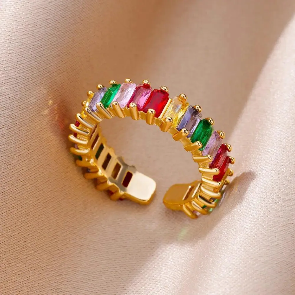 Colorful Cubic Zirconia Crystal Gold Colour Stainless Steel Fashion Trendy Aesthetic Rings For Women and Girls