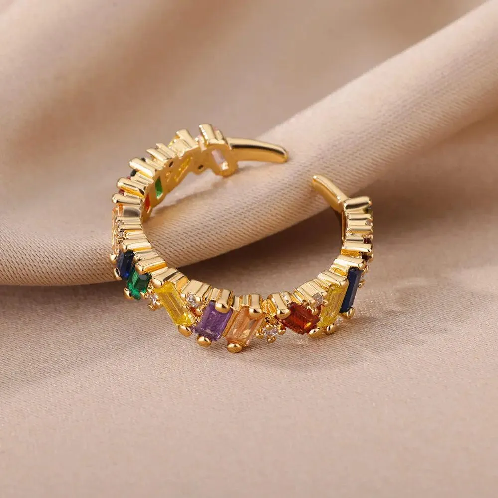 Colorful Cubic Zirconia Crystal Gold Colour Stainless Steel Fashion Trendy Aesthetic Rings For Women and Girls