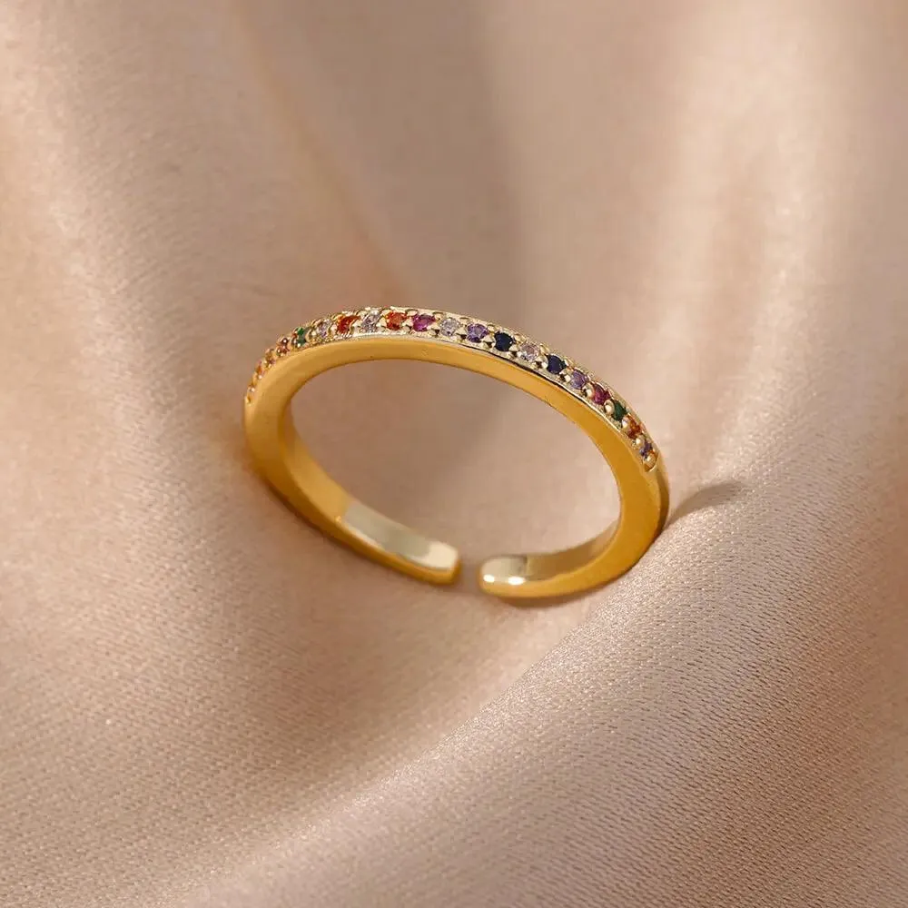 Colorful Cubic Zirconia Crystal Gold Colour Stainless Steel Fashion Trendy Aesthetic Rings For Women and Girls