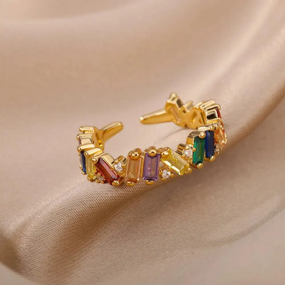 Colorful Cubic Zirconia Crystal Gold Colour Stainless Steel Fashion Trendy Aesthetic Rings For Women and Girls