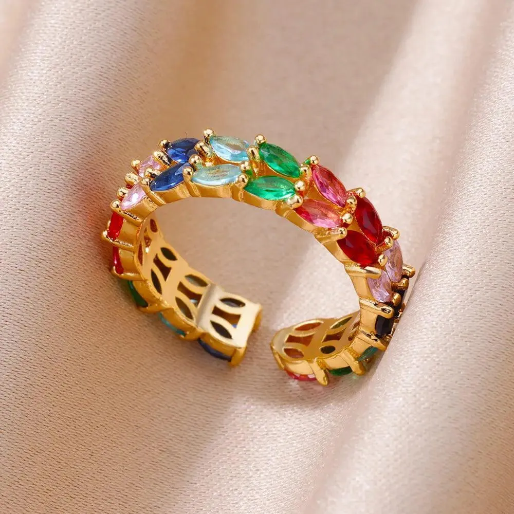 Colorful Cubic Zirconia Crystal Gold Colour Stainless Steel Fashion Trendy Aesthetic Rings For Women and Girls