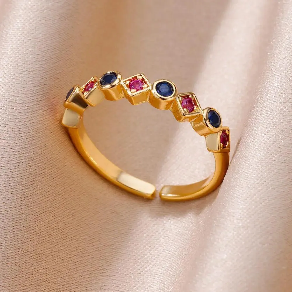 Colorful Cubic Zirconia Crystal Gold Colour Stainless Steel Fashion Trendy Aesthetic Rings For Women and Girls