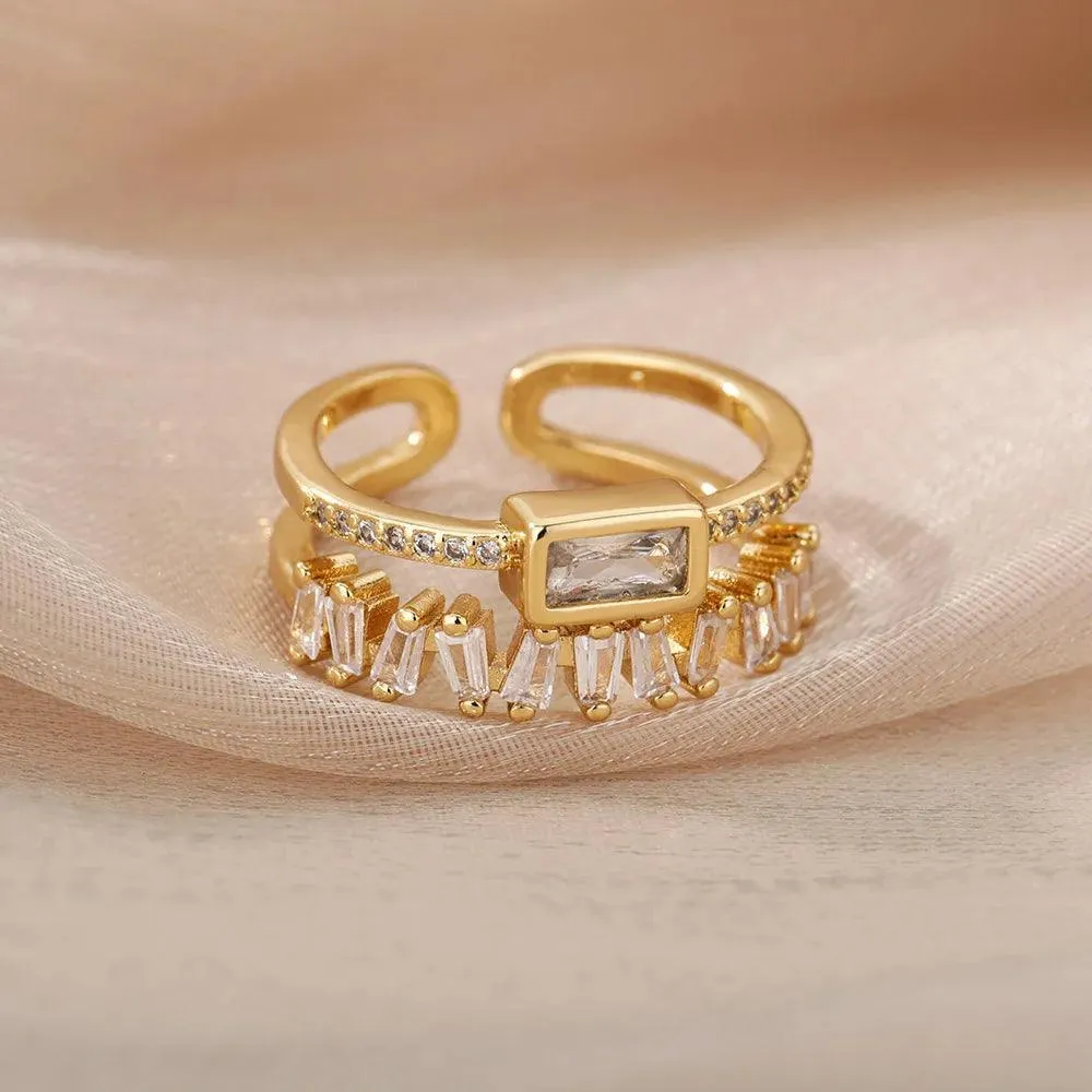 Colorful Cubic Zirconia Crystal Gold Colour Stainless Steel Fashion Trendy Aesthetic Rings For Women and Girls