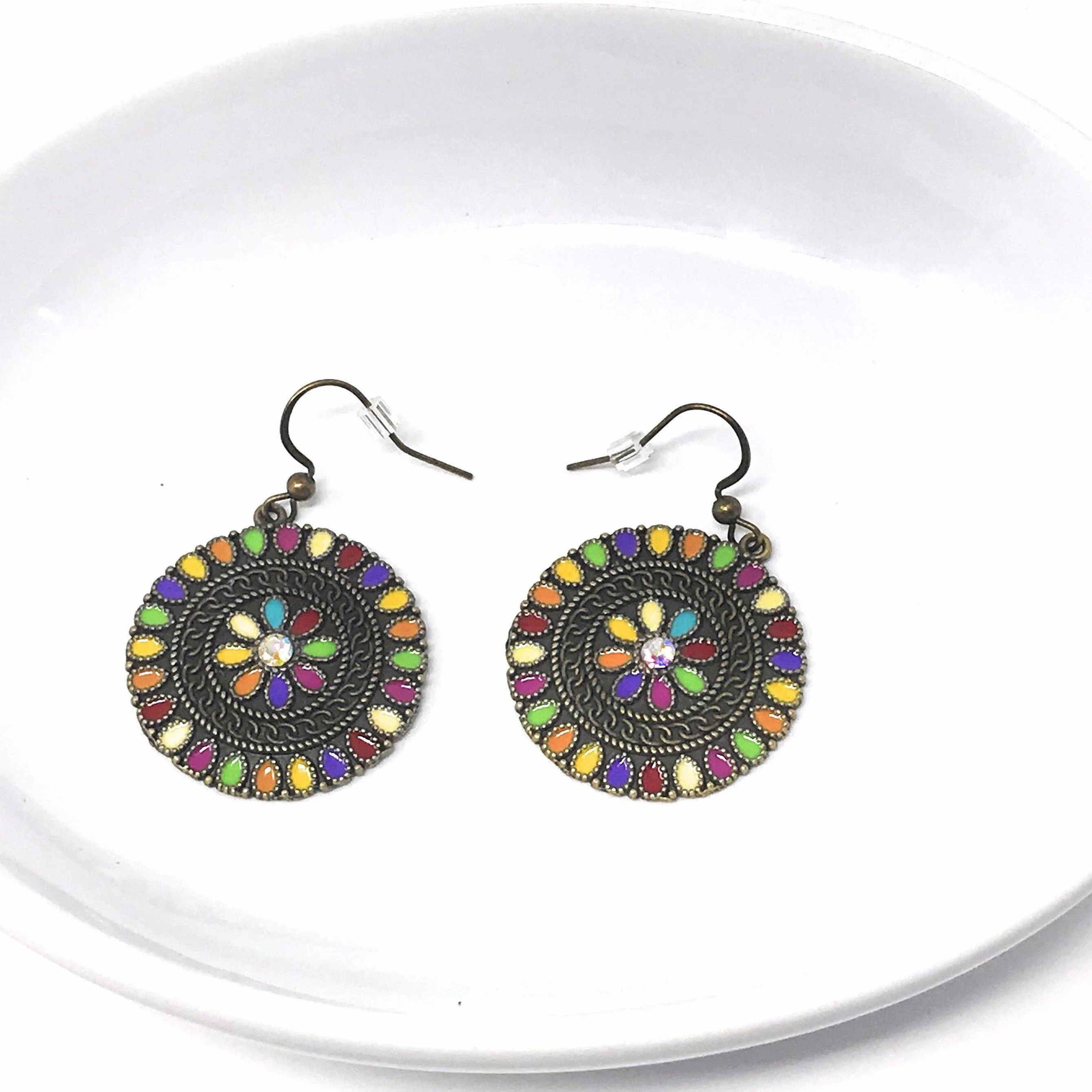 Colorful Round Floral Dangle Earrings with Rhinestone Accents - Stylish & Sparkling Accessories