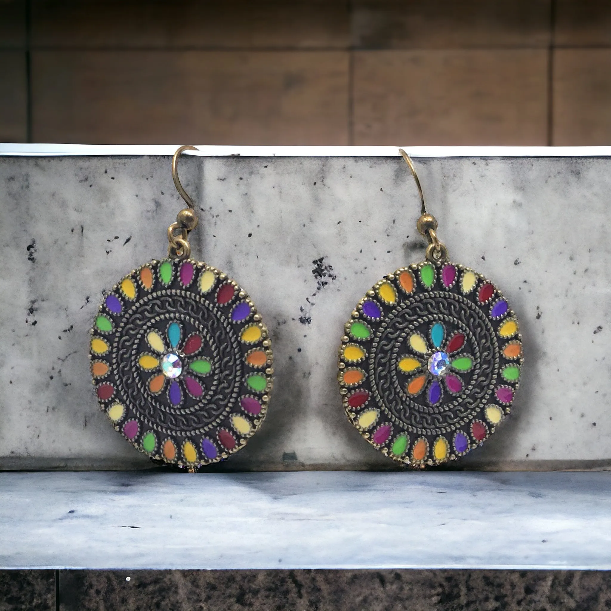 Colorful Round Floral Dangle Earrings with Rhinestone Accents - Stylish & Sparkling Accessories