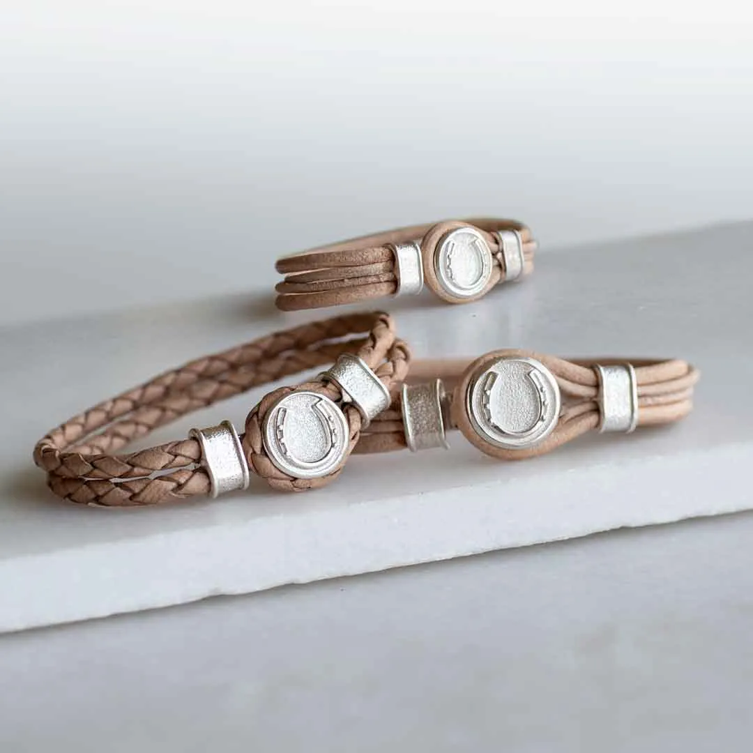 Colton - Horseshoe Dome Lock Braided Strap and Sterling Silver Natural Brown Bracelet