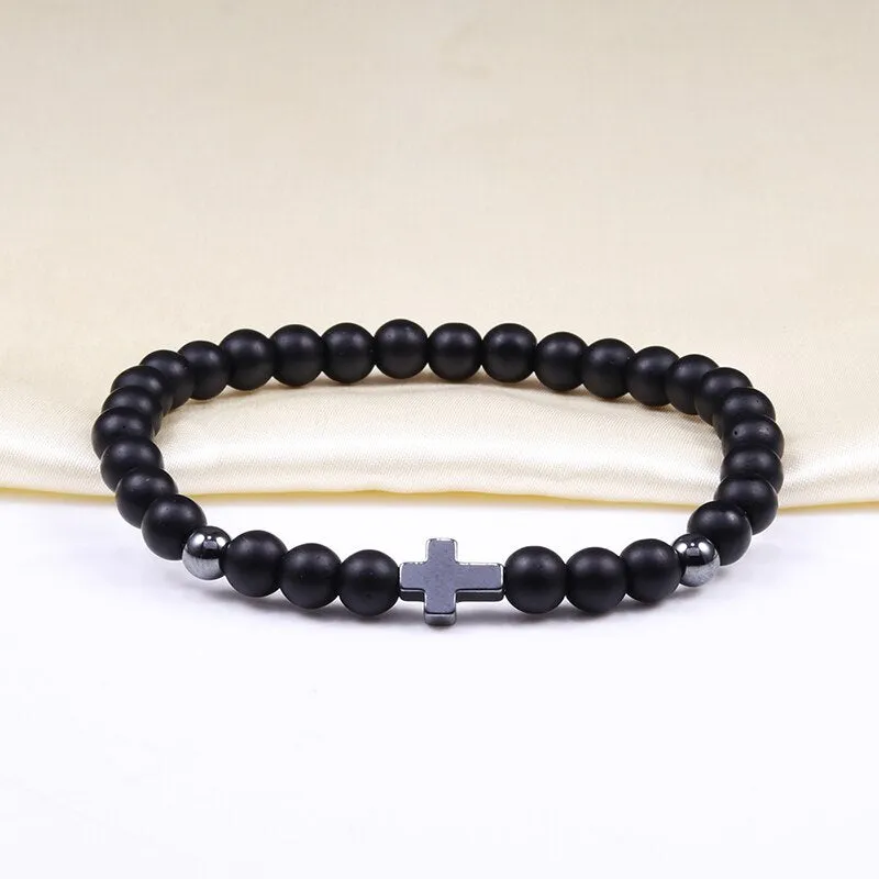 Crown Ball Hematite Cross Natural Stone Black Onyx Bracelets