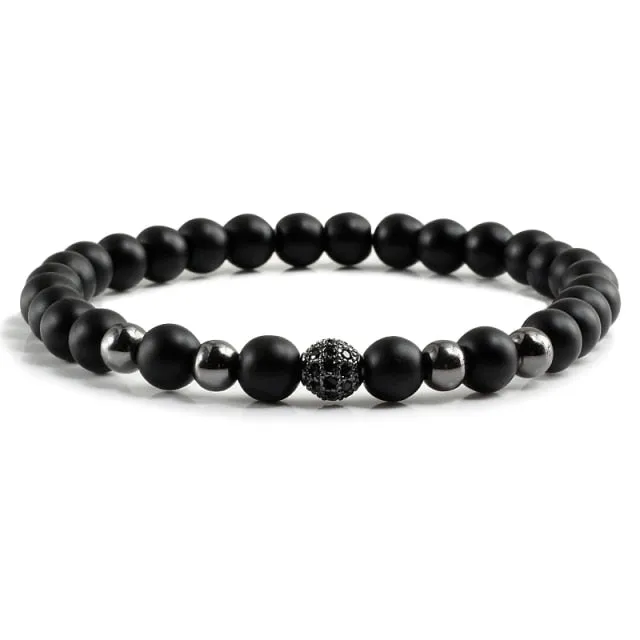 Crown Ball Hematite Cross Natural Stone Black Onyx Bracelets