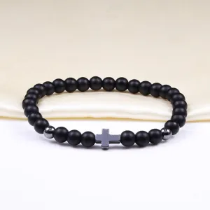 Crown Ball Hematite Cross Natural Stone Black Onyx Bracelets