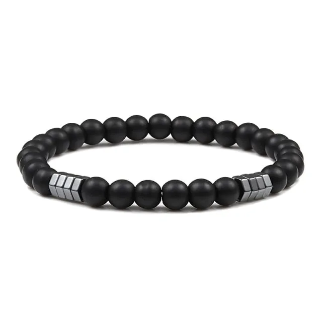 Crown Ball Hematite Cross Natural Stone Black Onyx Bracelets