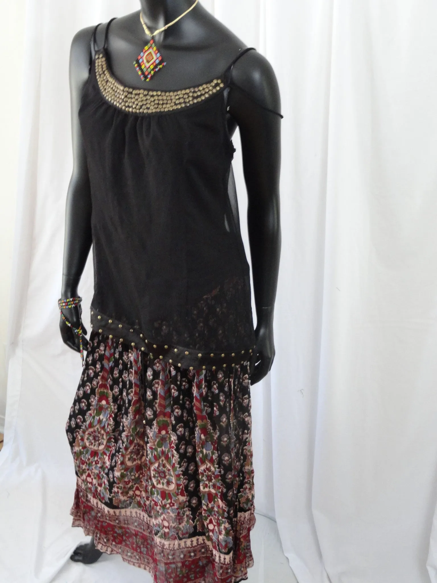Crushed crepe black pink n red skirt. Crinkled long, ethnic, Indian, gypsy belly dancer skirt. From Artikrti.