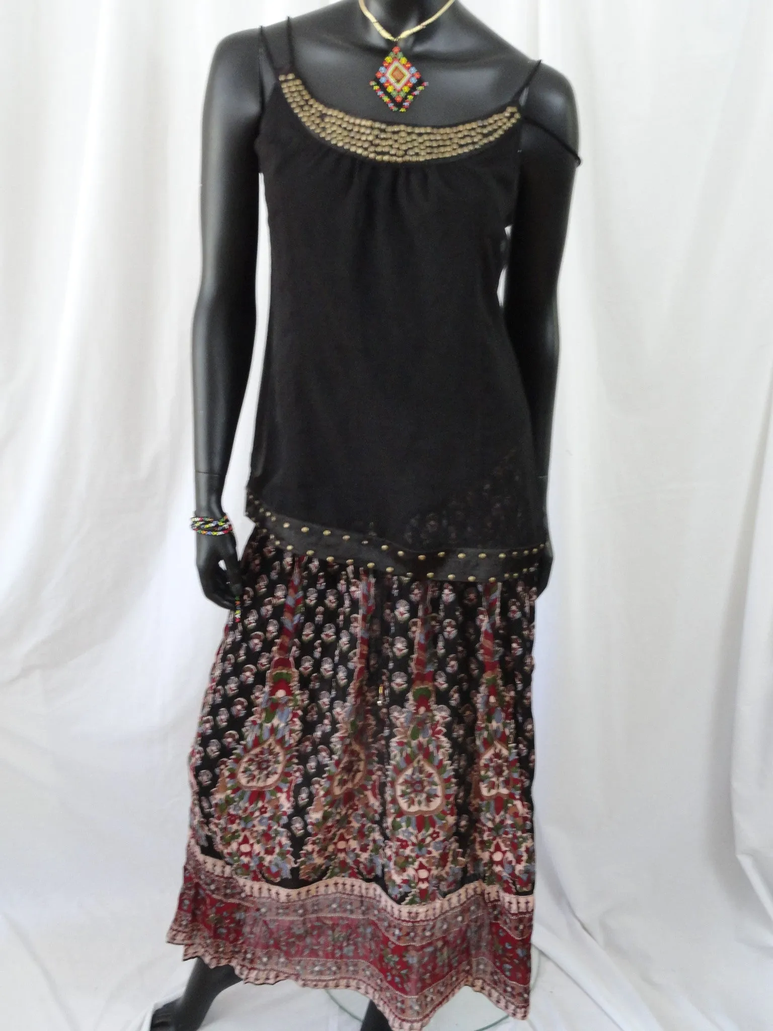 Crushed crepe black pink n red skirt. Crinkled long, ethnic, Indian, gypsy belly dancer skirt. From Artikrti.