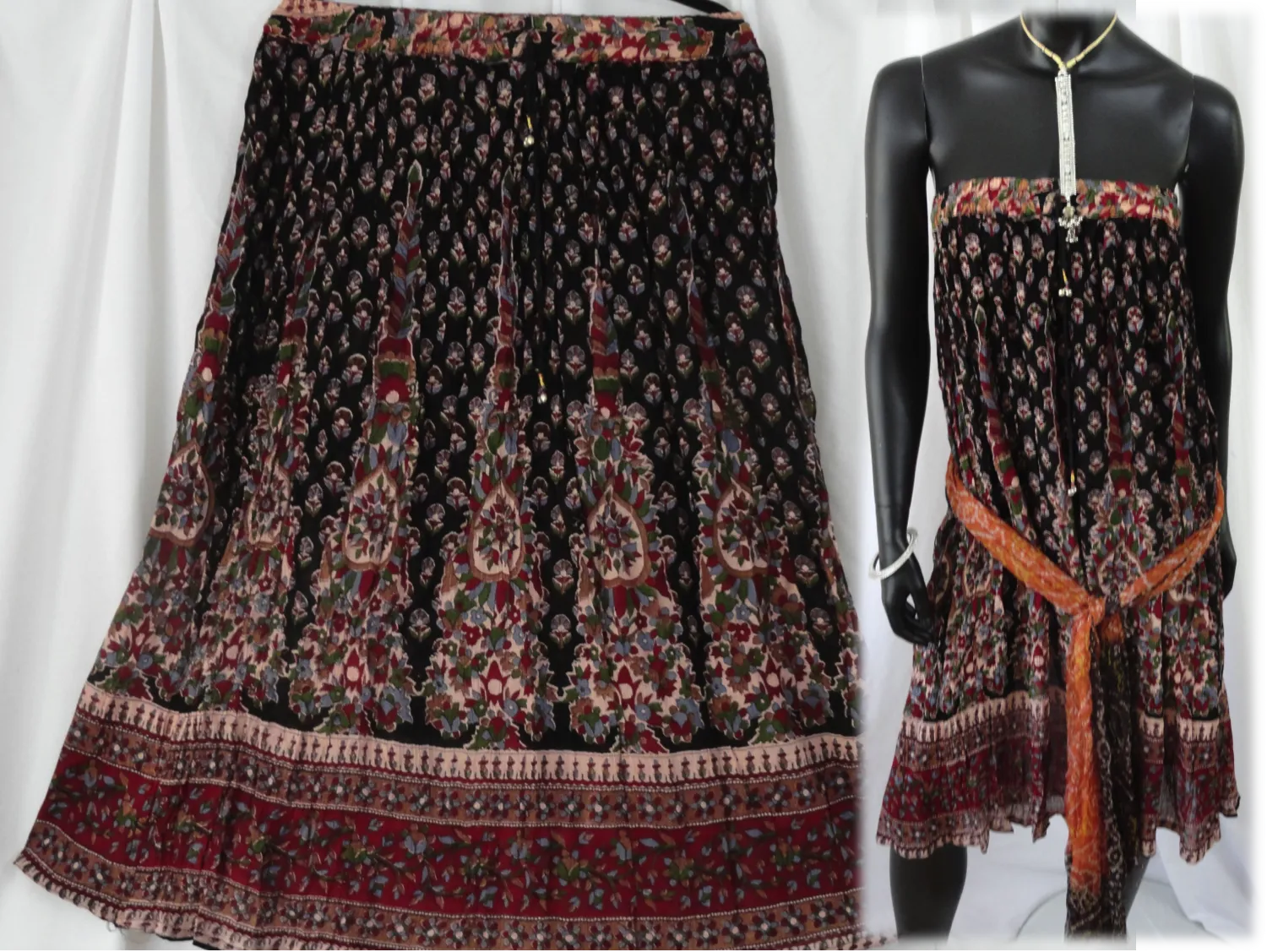 Crushed crepe black pink n red skirt. Crinkled long, ethnic, Indian, gypsy belly dancer skirt. From Artikrti.