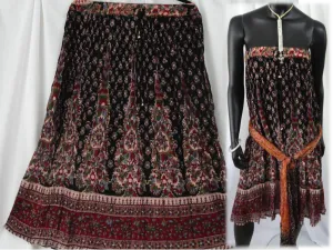 Crushed crepe black pink n red skirt. Crinkled long, ethnic, Indian, gypsy belly dancer skirt. From Artikrti.