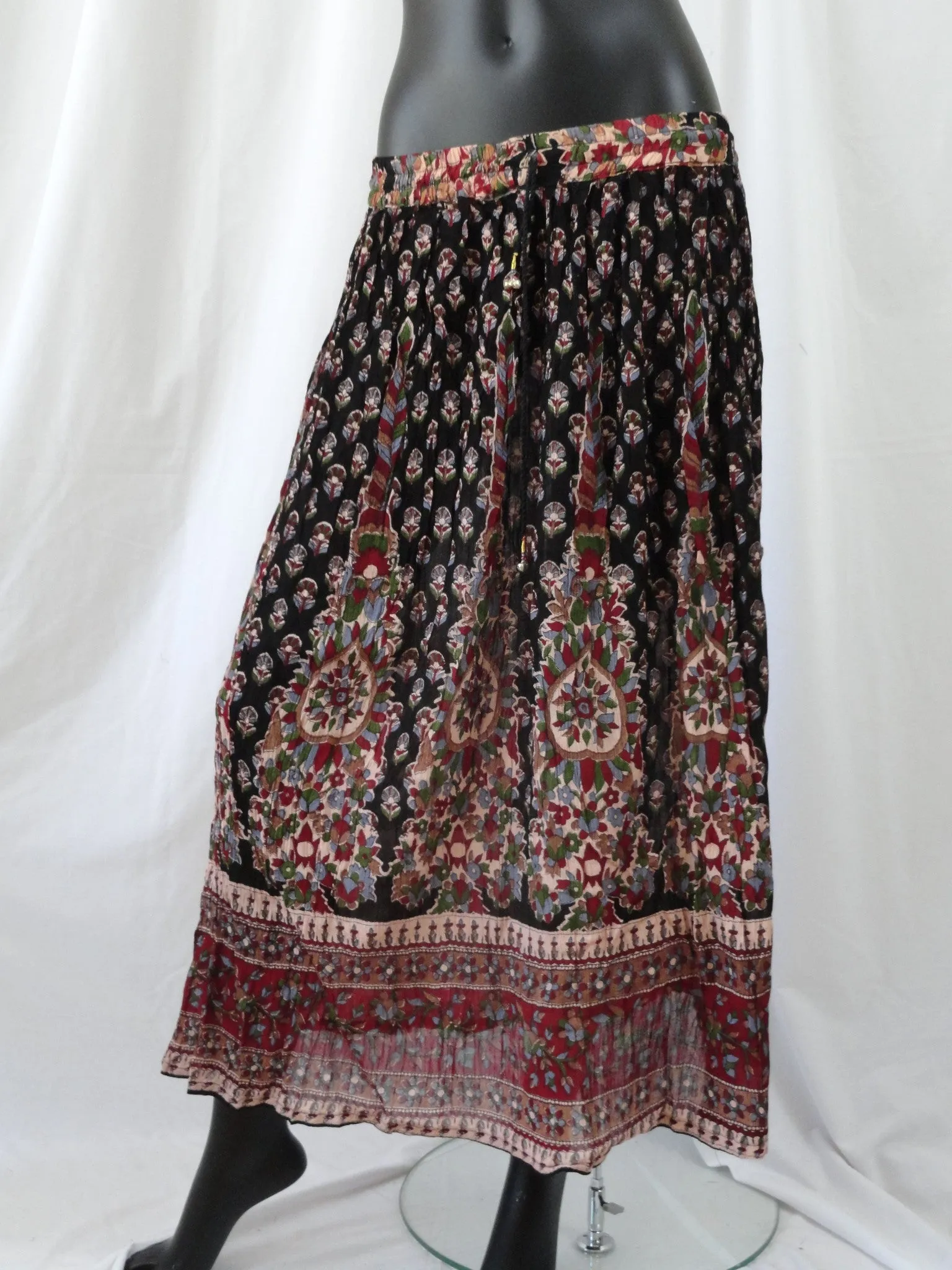 Crushed crepe black pink n red skirt. Crinkled long, ethnic, Indian, gypsy belly dancer skirt. From Artikrti.