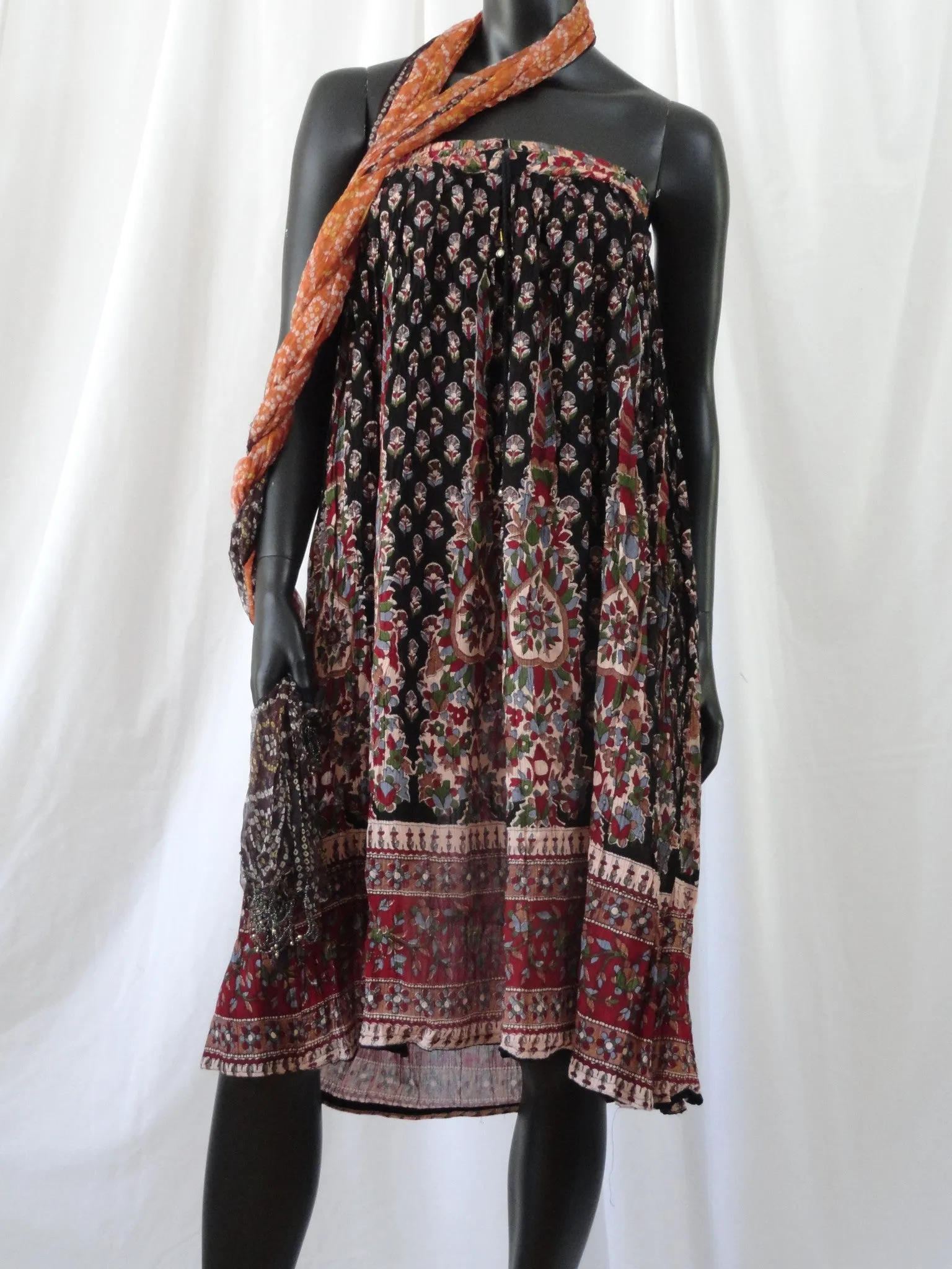 Crushed crepe black pink n red skirt. Crinkled long, ethnic, Indian, gypsy belly dancer skirt. From Artikrti.