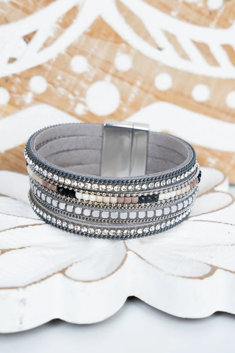 Crystal Avenue Silvertone and Gray Beaded Chain Multi-Strand Magnetic Bracelet