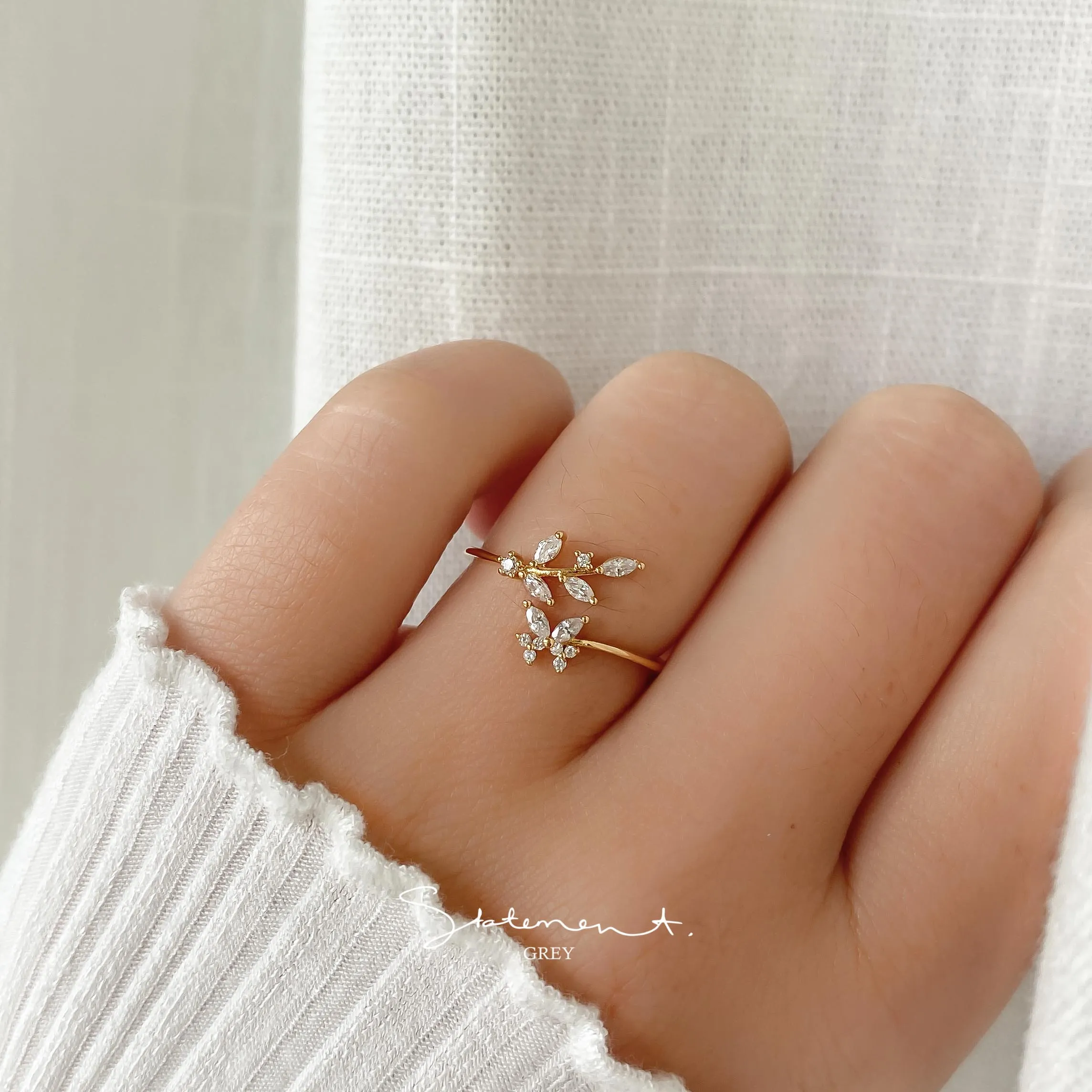 Crystal Leaf Branch Butterfly Ring