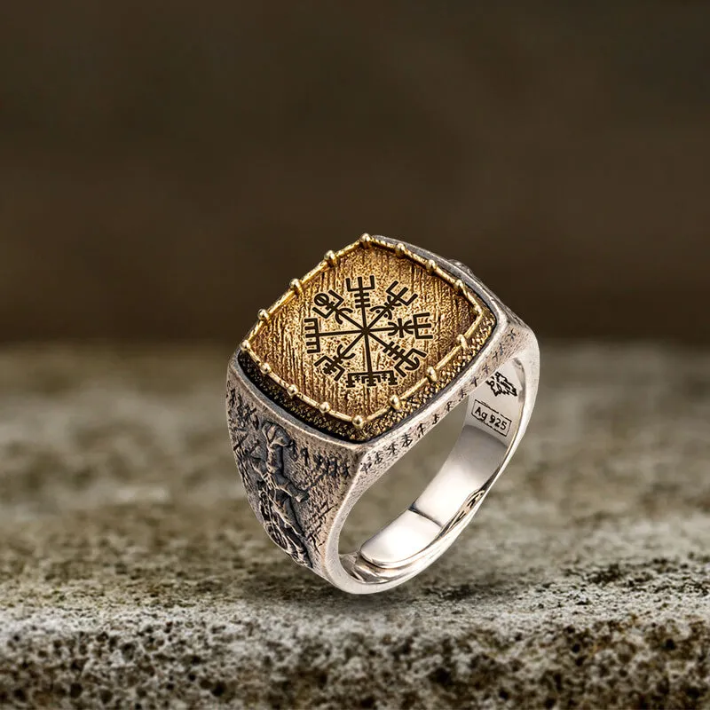 Custom Viking Symbols Sterling Silver Inlaid Brass Ring