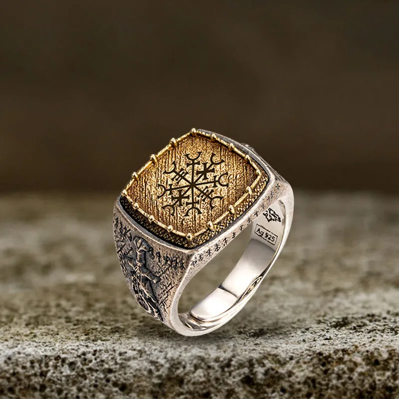 Custom Viking Symbols Sterling Silver Inlaid Brass Ring