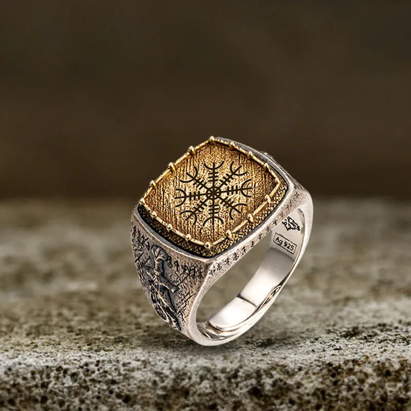 Custom Viking Symbols Sterling Silver Inlaid Brass Ring