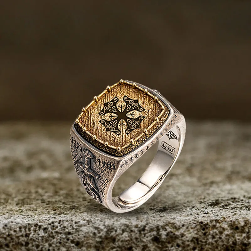 Custom Viking Symbols Sterling Silver Inlaid Brass Ring