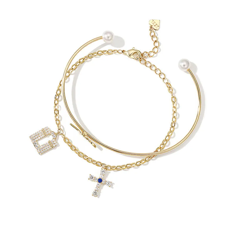 Designer Happy Door Cross Double Strand Bangle Bracelet Chic Jewelry Accessories Gift for Women