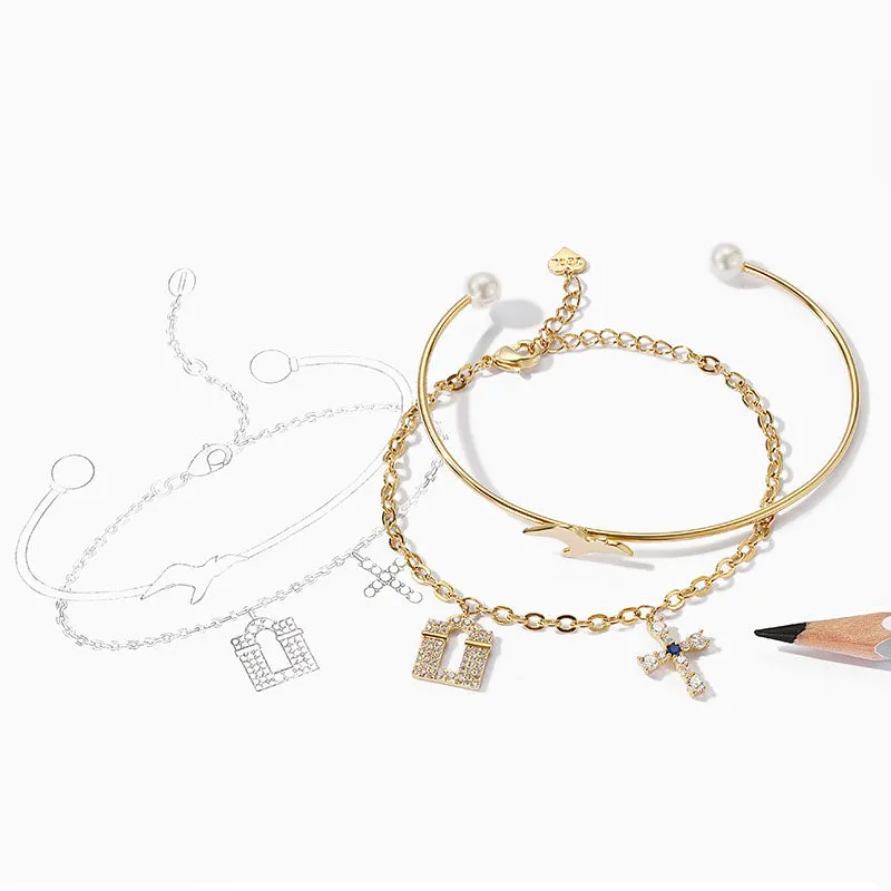 Designer Happy Door Cross Double Strand Bangle Bracelet Chic Jewelry Accessories Gift for Women
