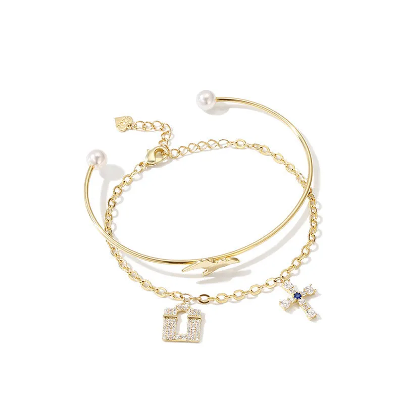 Designer Happy Door Cross Double Strand Bangle Bracelet Chic Jewelry Accessories Gift for Women