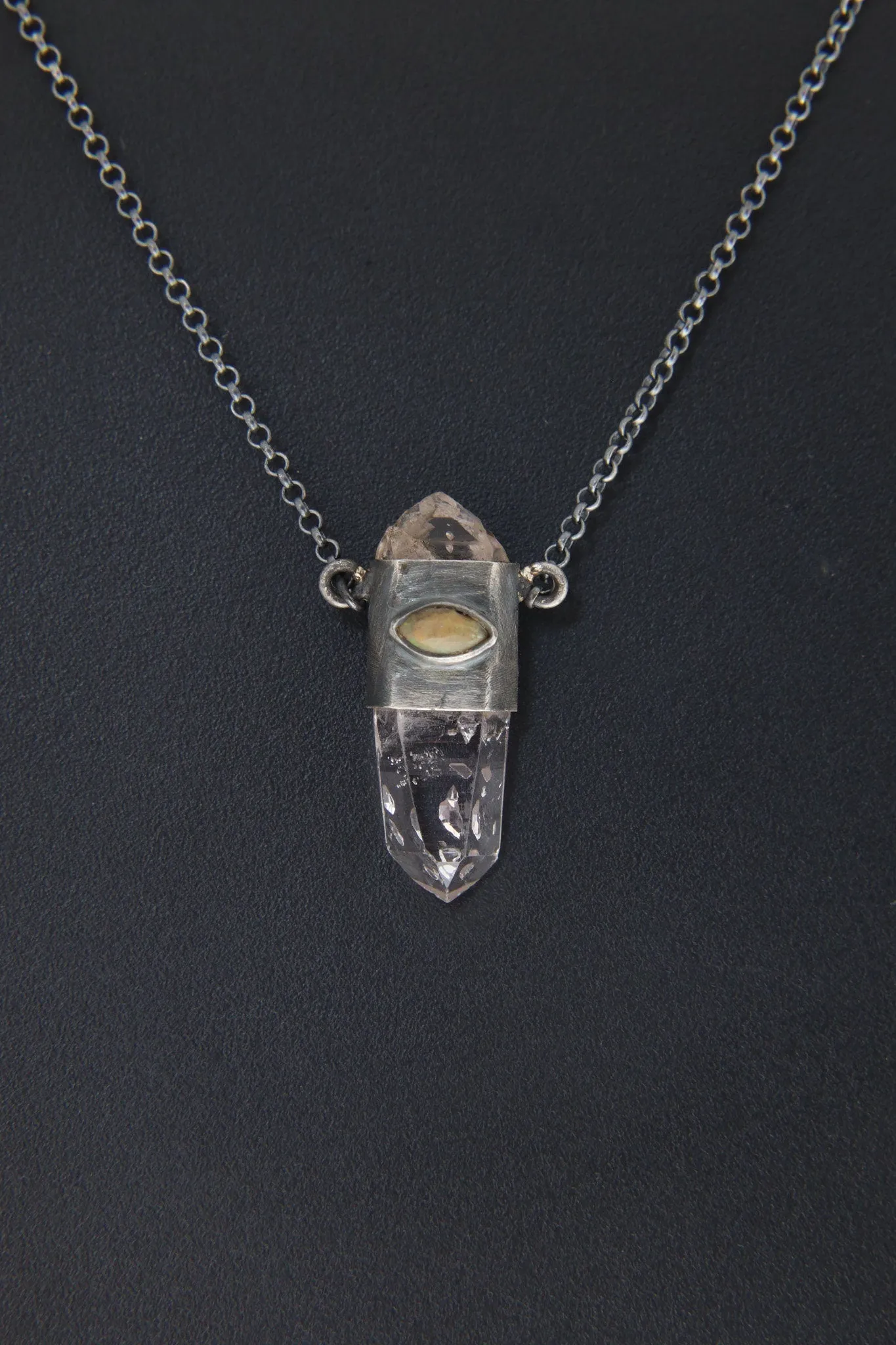 Double Terminated Vera Cruz Anhydro Amethyst, Cats Eye Faceted Ethiopian Opal - Oxidised & Textured Sterling Silver Crystal Pendant