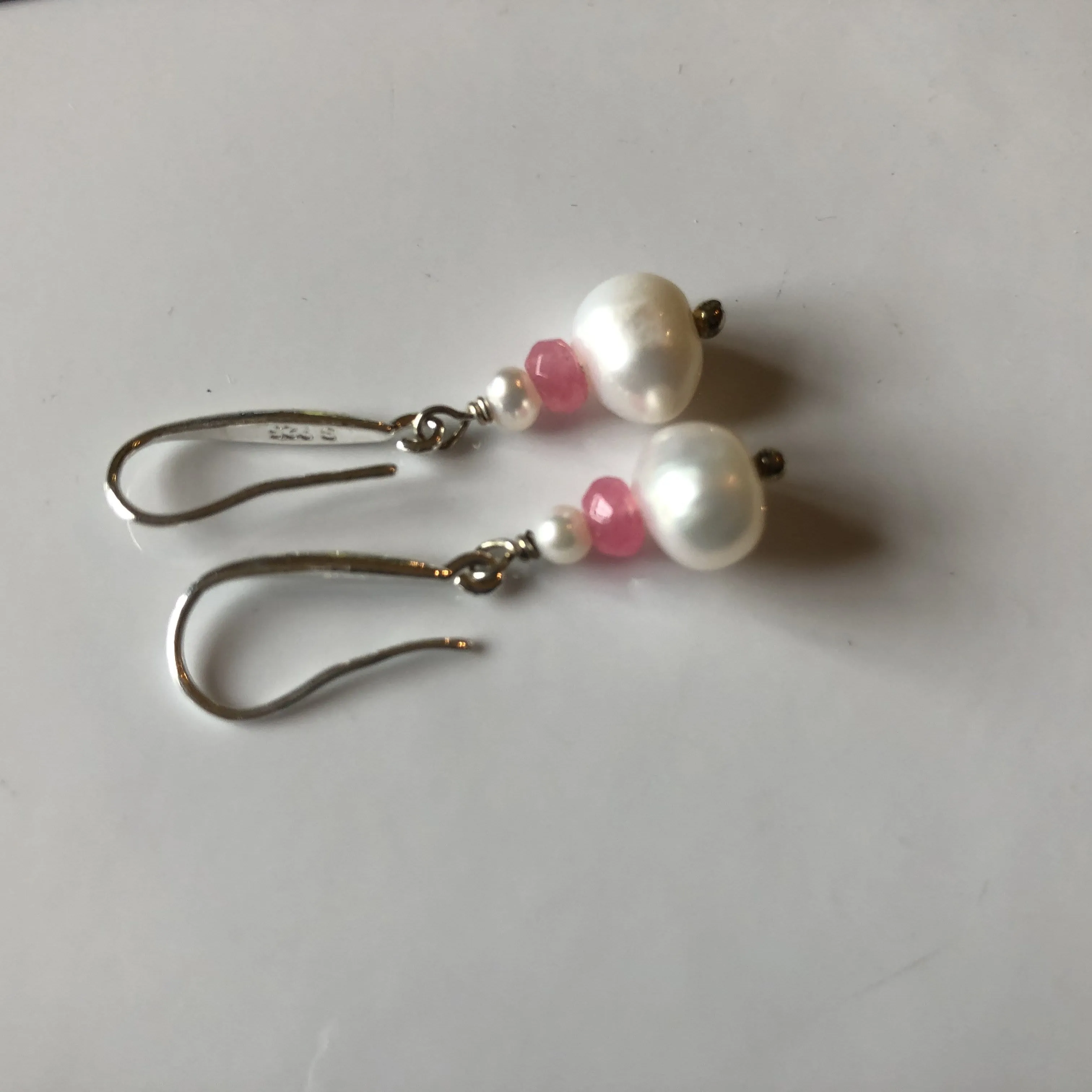 Earrings: Ivory pearl and pale pink crystal drop earrings
