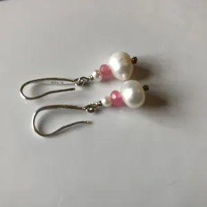 Earrings: Ivory pearl and pale pink crystal drop earrings