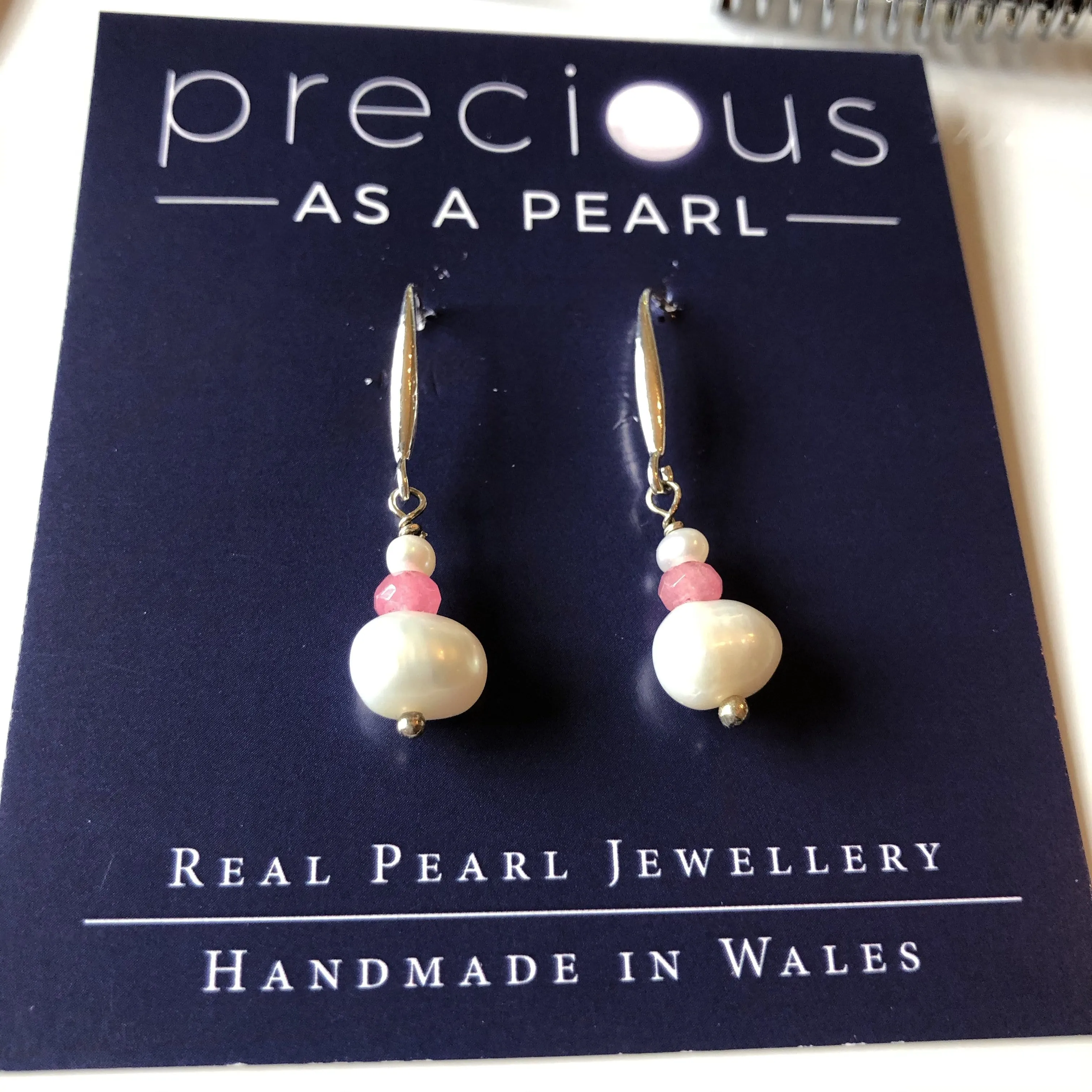Earrings: Ivory pearl and pale pink crystal drop earrings