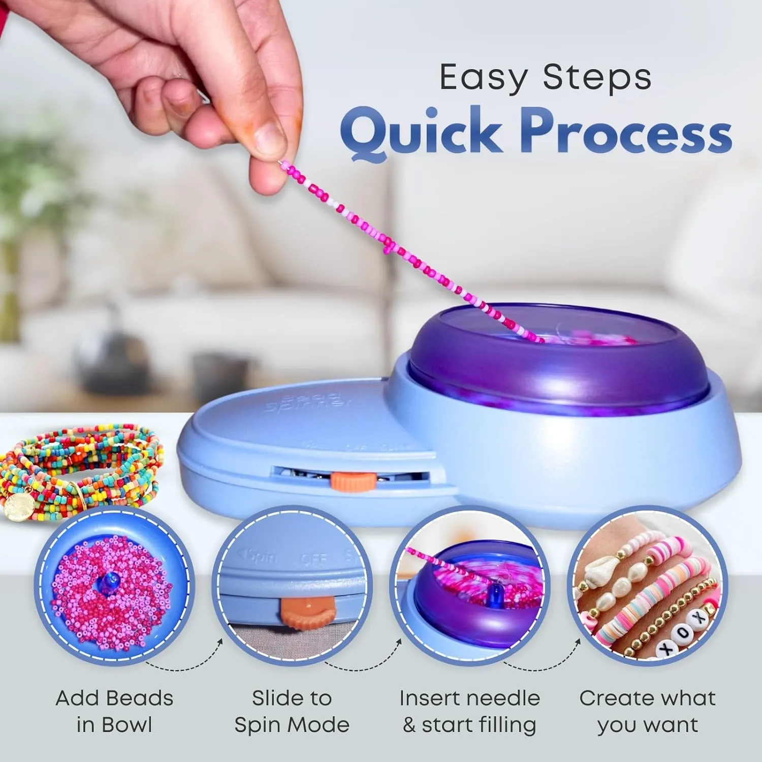 Electric Bead Spinner for Jewelry Making | Adjustable Speed Bracelet Spinner Kit with Forward & Reverse Rotation | 3 Bowls with Lids | 2 Big Eye Bead Spinner Needles & 8 Colored Beads