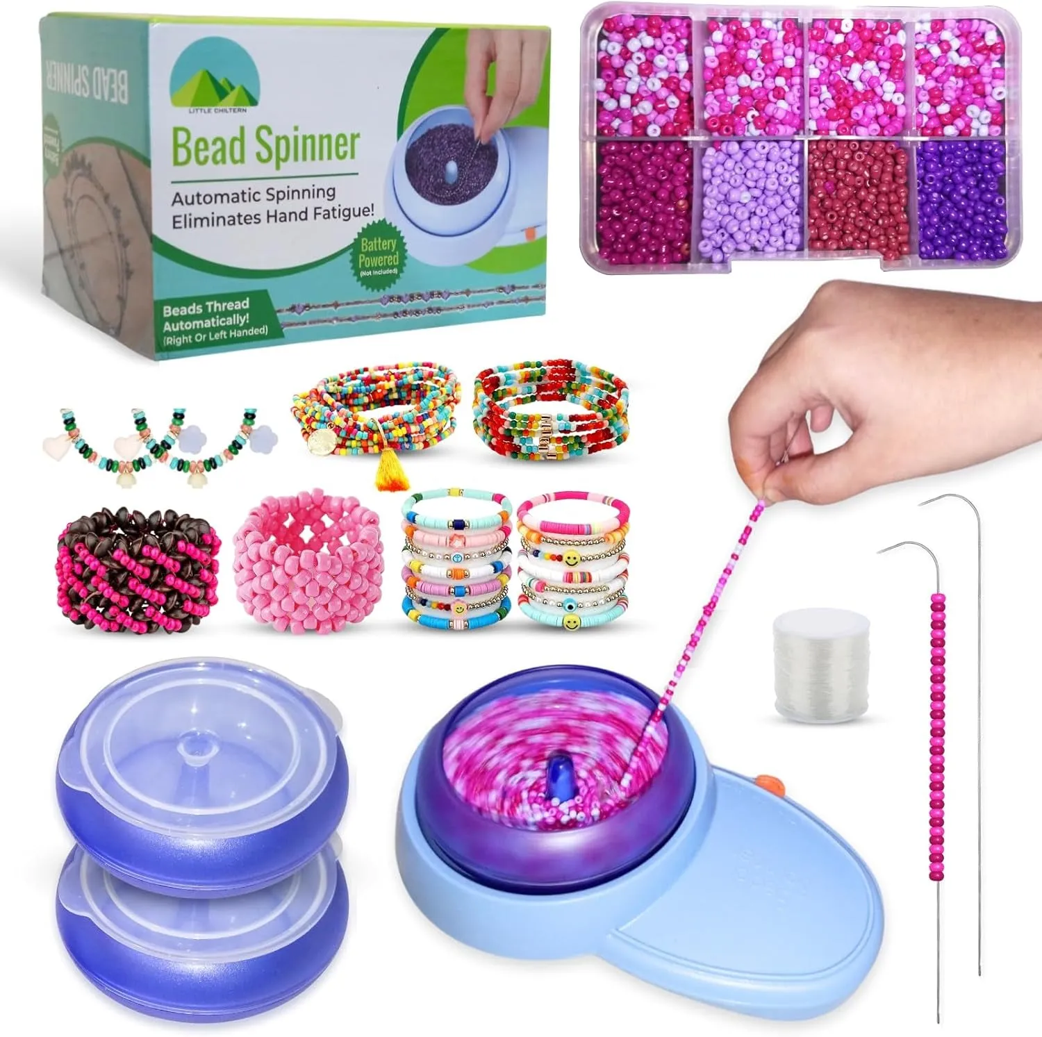 Electric Bead Spinner for Jewelry Making | Adjustable Speed Bracelet Spinner Kit with Forward & Reverse Rotation | 3 Bowls with Lids | 2 Big Eye Bead Spinner Needles & 8 Colored Beads