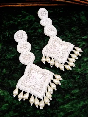 Elegant Boho Handmade White Stylish Dangler Earrings with Pearls, Designer Wedding Accessories