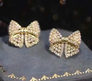Elegant Bow Pearl & Crystal Studs