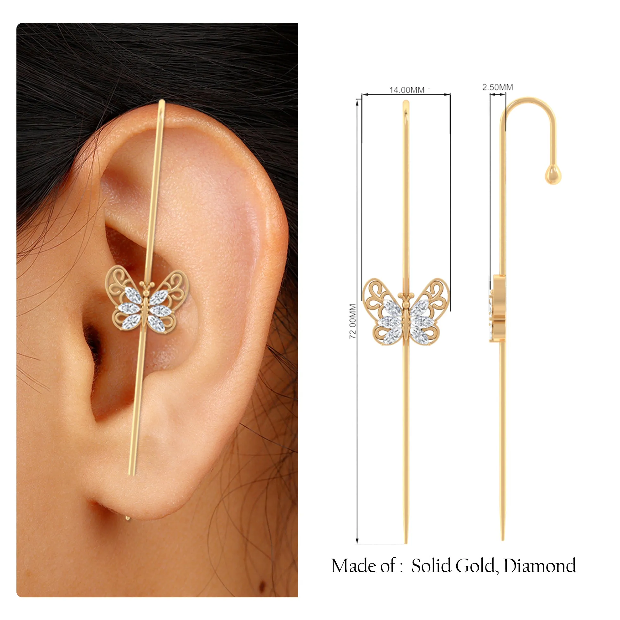 Elegant Certified Moissanite Butterfly Ear Pin Earring