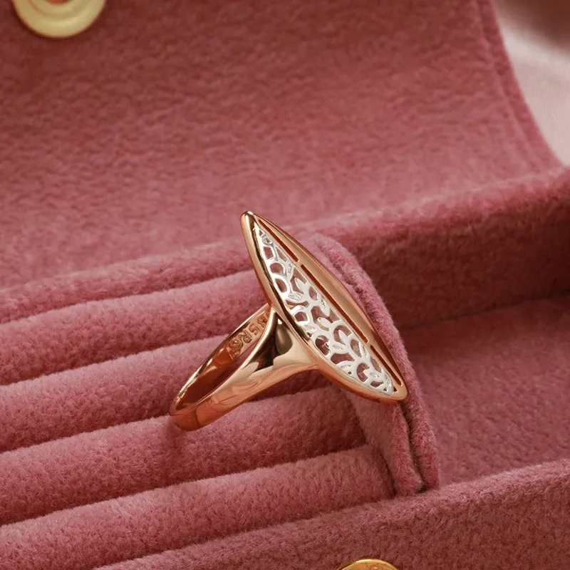 Elegant Ethnic Flower 14K Rolled Rose Gold Leaf Hollow Silver Pattern Ring For Women, Fashion Vintage Jewelry